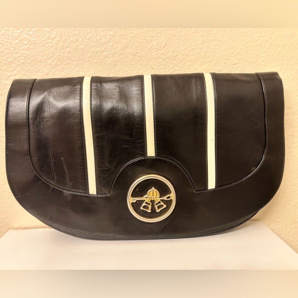 VINTAGE Lou Taylor Italian Black Leather & Gold Handbag with built in Mirror